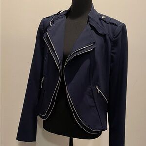 White House Black Market Zipper Moto Jacket Size 12 Navy Sleek Tailored Cropped